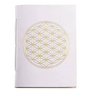 Schreibbuch Lebensblume im Ledereinband in weiss und gold - Ritualmanufaktur.de