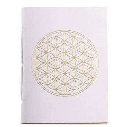 Schreibbuch Lebensblume im Ledereinband in weiss und gold - Ritualmanufaktur.de