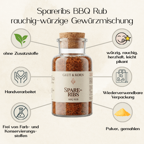 Vorteile von Spareribs BBQ Gewürz, BBQ Rub, zur Verwendung als Marianne für Fleisch, Tofu oder Gemüse, für ein besonderes Grillerlebnis, 140g, Ritualmanufaktur.de Glut & Korn