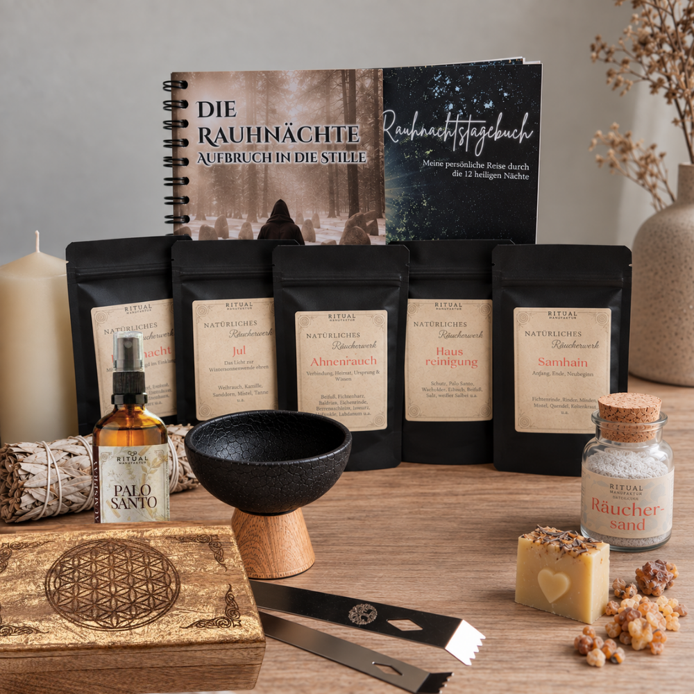 Rauhnächte Starterset, der Begleiter für deine Raunächte, mit Räucherwerk, Arbeitsbuch, Palo Santo, Aura Spray, ätherischem Öl, Räucherschalte, -kohle & -sand 