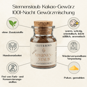 Vorteile von Sternenstaub Kakao Gewürzmischung - 50g oder 100g, als Topping für Kakao oder Kaffee, auch passend zu warmen Getränken oder Gebäck, Ritualmanufaktur.de Glut & Korn