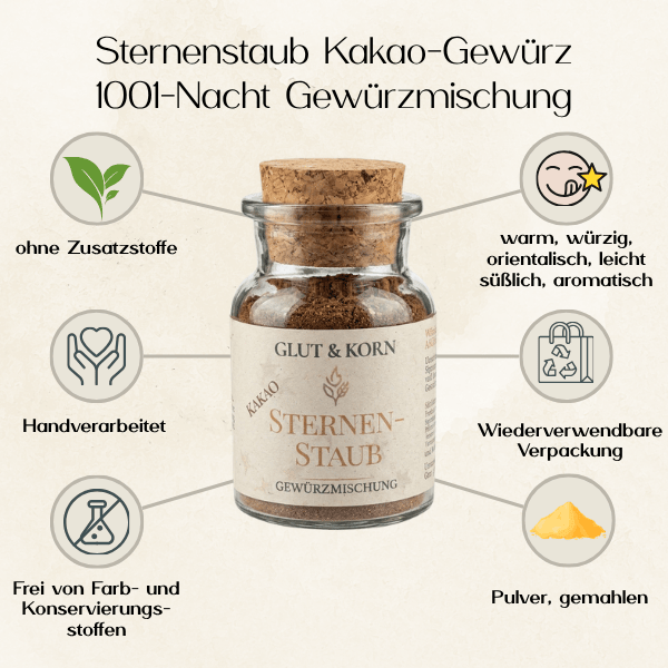 Vorteile von Sternenstaub Kakao Gewürzmischung - 50g oder 100g, als Topping für Kakao oder Kaffee, auch passend zu warmen Getränken oder Gebäck, Ritualmanufaktur.de Glut & Korn