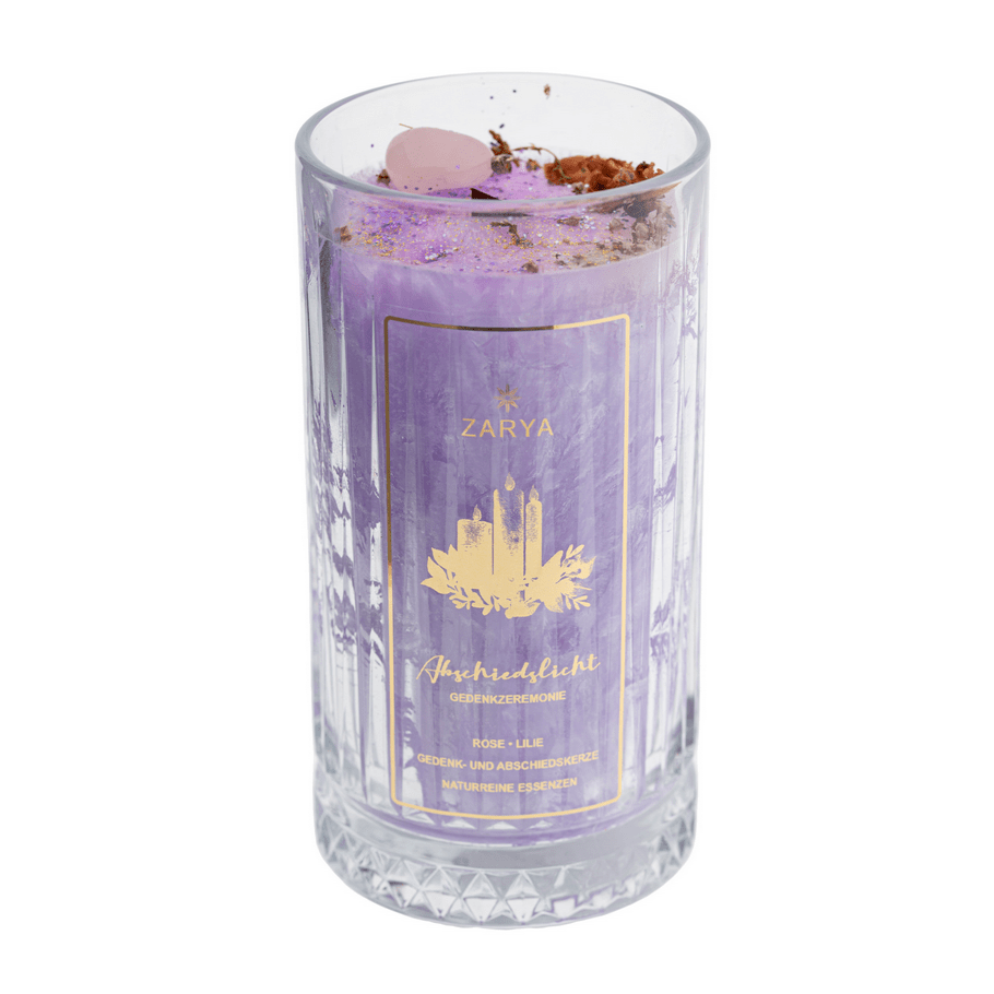 Transformationskerze Abschiedslicht Rose, Lilie & Rosenquarz - Ritualmanufaktur.de