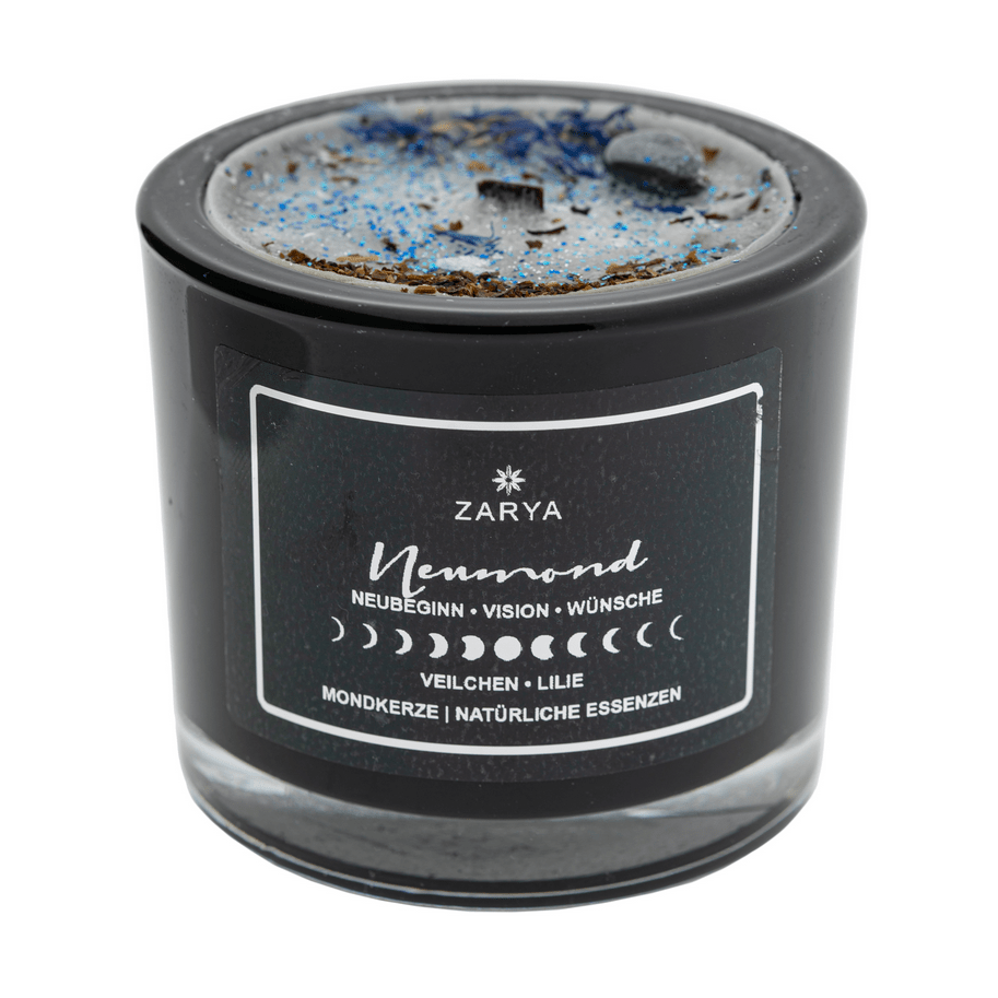Transformationskerze Neumond Veilchen, Lilie & Hämatit - Ritualmanufaktur.de