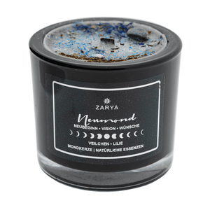 Transformationskerze Neumond Veilchen, Lilie & Hämatit - Ritualmanufaktur.de