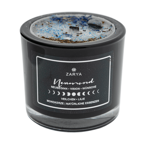 Transformationskerze Neumond Veilchen, Lilie & Hämatit - Ritualmanufaktur.de
