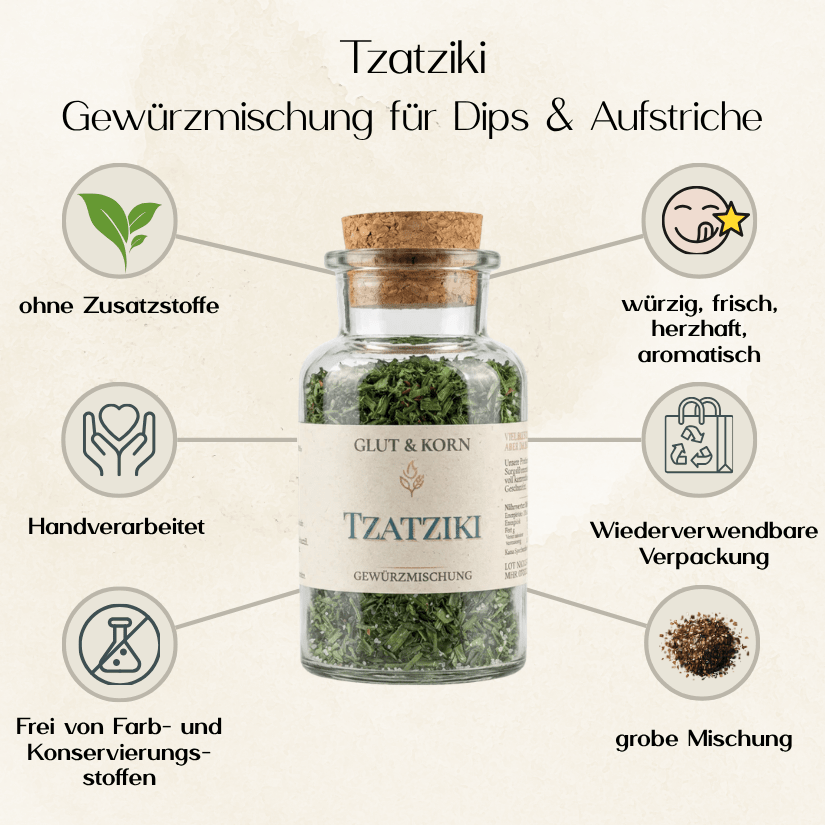 Tzatziki Gewürzmischung, für Tzatziki und herzhaft Dip, griechisch, Ritualmanufaktur, Glut & Korn