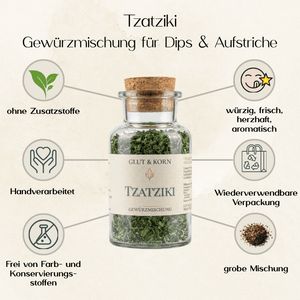Vorteile von Tzatziki Gewürzmischung, für Tzatziki und herzhaft Dip, griechisch, Ritualmanufaktur, Glut & Korn