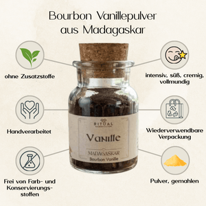 Vorteile Bourbon Vanille gemahlen, zum Verfeinern von Pudding, Ritualkakao und Getränken, Ritualmanufaktur, Glut & Korn