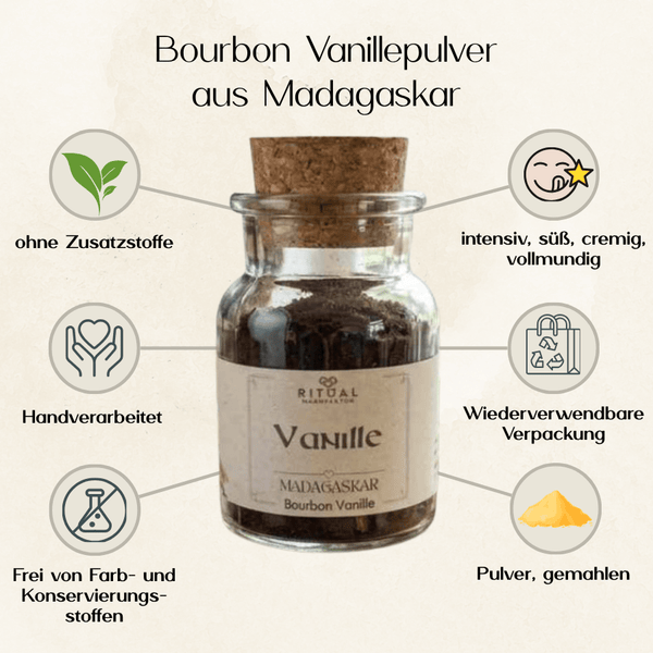 Vorteile Bourbon Vanille gemahlen, zum Verfeinern von Pudding, Ritualkakao und Getränken, Ritualmanufaktur, Glut & Korn