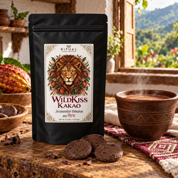 WildKiss Rohkakao Drops aus 100 % Criollo-Kakao aus Peru – vegan, naturbelassen und ohne Zusätze.