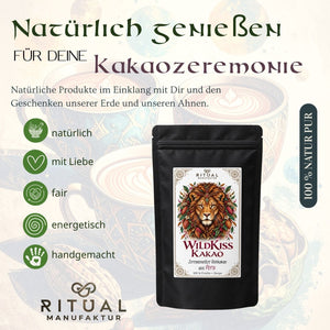 WildKiss Rohkakao mit intensiv schokoladigem, vollmundigem Geschmack für bewusste Kakaorituale.