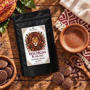 WildKiss Rohkakao mit Löwenmotiv – hochwertiger Criollo-Kakao für besondere Genussmomente.