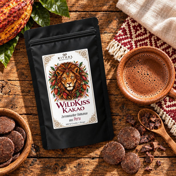 WildKiss Rohkakao mit Löwenmotiv – hochwertiger Criollo-Kakao für besondere Genussmomente.