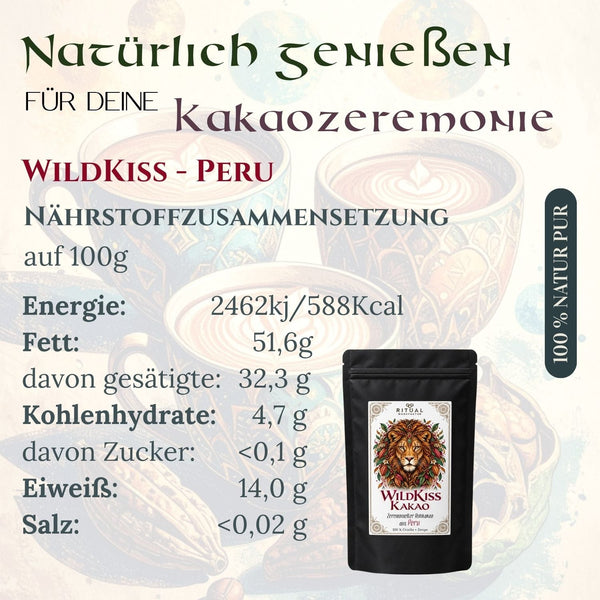 Nährstoffe pro 100g von Rohkakao Zeremoniekakao Wildkiss